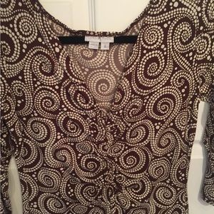 Fitted flattering dress, brown & white print, size 8, very good condition.
